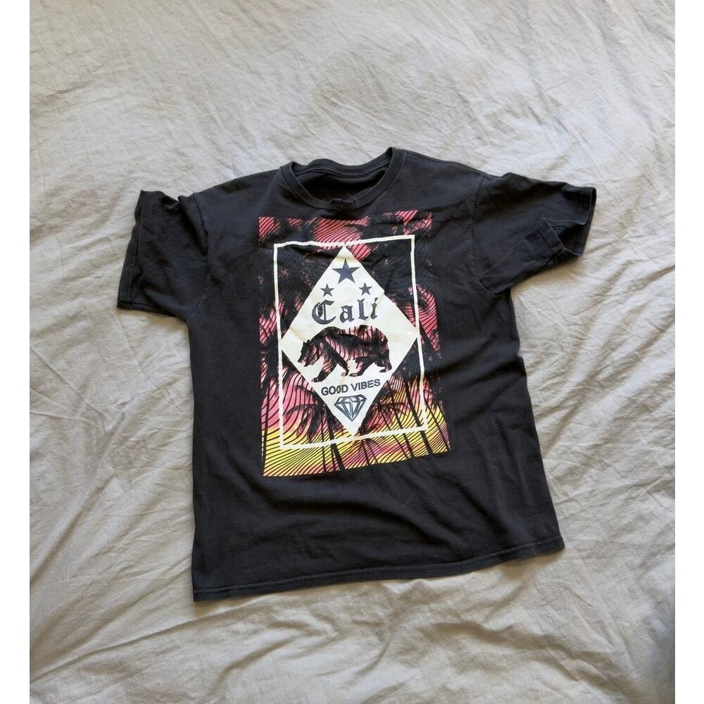 Cali Good‎ Vibes Vintage Black Graphic T-Shirt Mens Small Bear Sunset Palm Trees